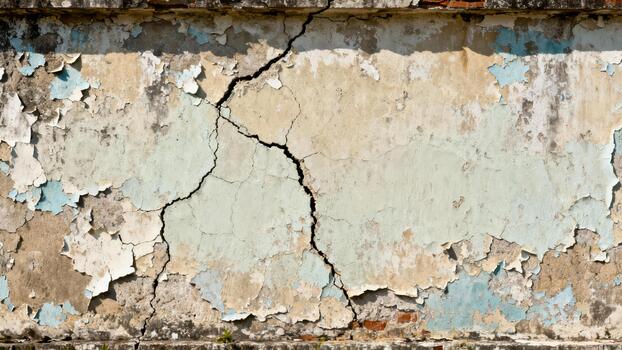 Weathered exterior wall surface displays extensive paint deterioration and structural fracturing photo