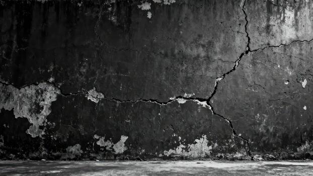 Heavily distressed dark concrete wall displays prominent deep fissures and peeling surface texture photo