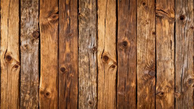Rustic wooden planks display varied brown tones and prominent knots across a vertical surface photo