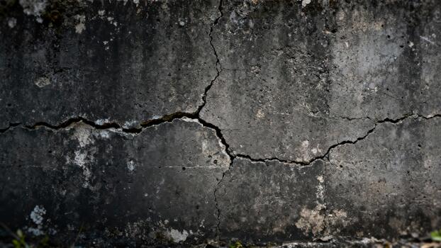 Deep horizontal fissure cuts across a weathered, dark gray concrete surface photo