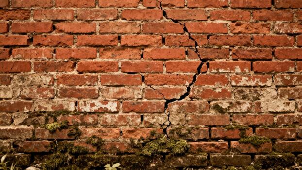 Envejecido rojo ladrillo pared muestra significativo vertical fractura y fondo crecimiento foto