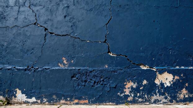 Deep blue painted concrete surface displays significant structural cracks and peeling paint textures photo