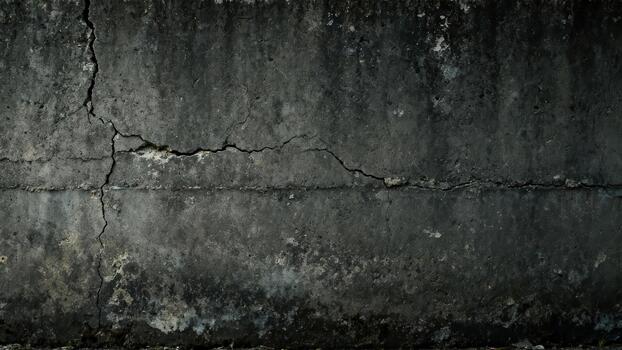 Weathered concrete surface displays prominent structural cracks and dark discoloration. photo