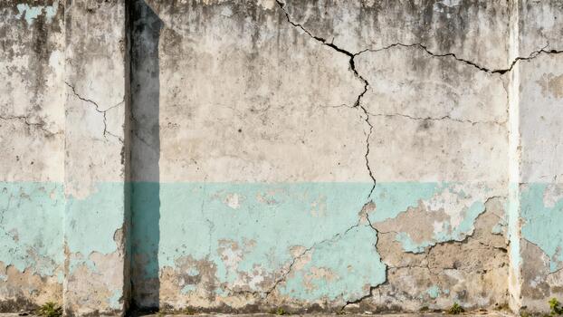 Weathered concrete surface displays severe structural damage and peeling paint in horizontal bands photo