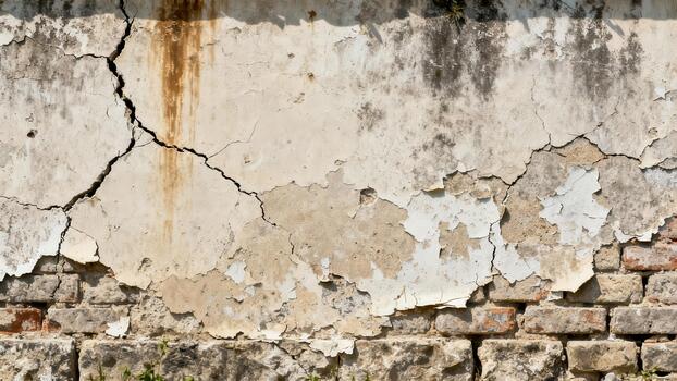 Deteriorated exterior wall surface reveals underlying aged brickwork with peeling plaster and deep fissures photo