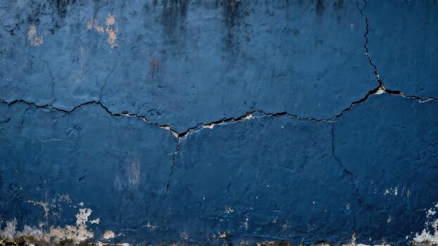 Deep indigo painted exterior surface shows significant structural fissures and weathered distress photo