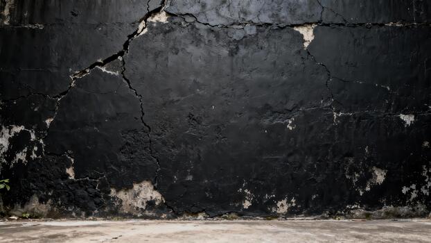 Weathered black painted concrete wall displays significant vertical cracks and peeling texture above a flat ground surface photo