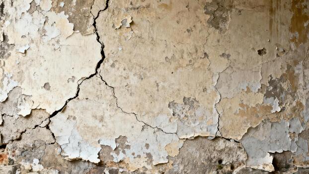 Weathered wall surface displays peeling plaster and deep structural cracks photo