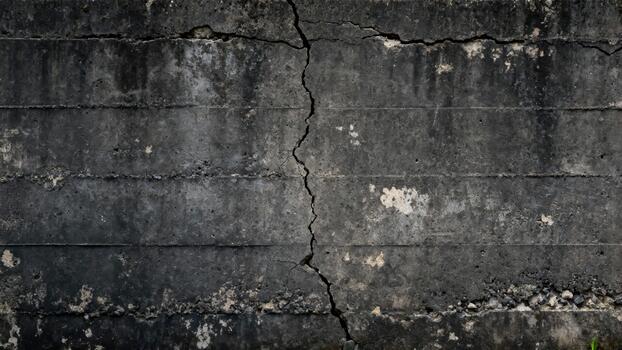 Heavily weathered concrete surface displays a prominent vertical fissure and dark staining photo