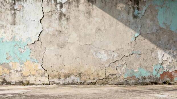 Weathered concrete surface displays significant cracking and peeling paint patches under harsh sunlight photo