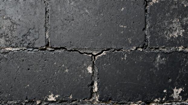 Dark, weathered masonry blocks display surface texture and structural damage photo