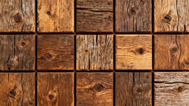 Natural wooden squares feature intricate grain patterns and varying rich brown tones photo