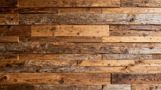 Horizontal arrangement of reclaimed wood planks creates a rustic wall covering texture photo