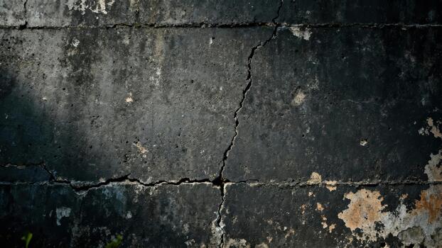 Weathered dark concrete structure displays deep fissures and peeling surface textures under dramatic lighting photo