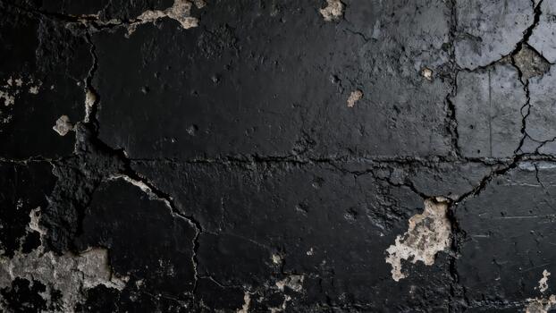 Heavily textured, distressed dark surface shows peeling paint and deep fissures revealing underlying material. photo