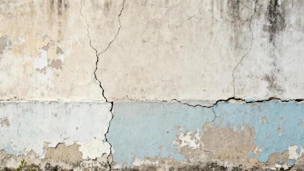Weathered exterior surface displays significant vertical and horizontal structural cracks with peeling paint photo