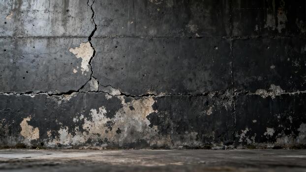 Heavily textured and distressed concrete wall displays significant vertical and horizontal fissures photo