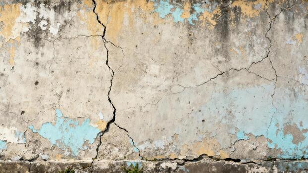 Weathered concrete surface displays pronounced vertical fissures and flaking painted layers photo
