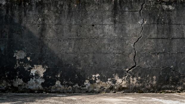 Dilapidated concrete wall displays extensive weathering and structural fissures with a visible floor plane. photo