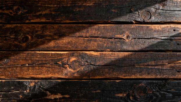 Dark rustic wooden planks feature distinct grain patterns under diagonal light photo
