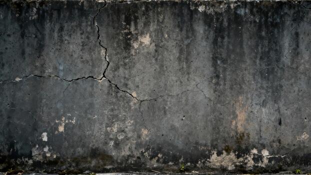 Weathered concrete surface displays prominent vertical fractures and dark staining photo