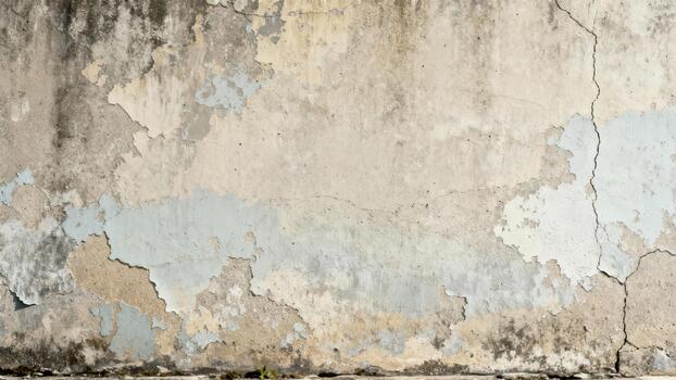 Weathered stucco surface exhibits extensive paint loss and visible structural fissures photo