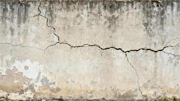Weathered concrete surface displays significant horizontal and vertical structural fissures photo