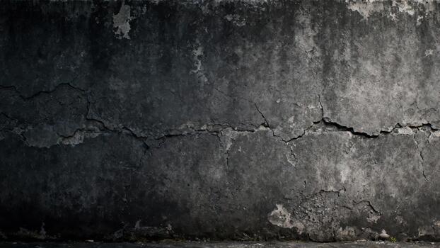 Dark textured wall surface displays significant horizontal structural fracturing and weathering photo