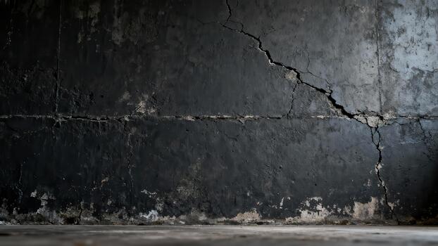 Dark, distressed concrete wall displays significant structural damage and peeling surface texture photo