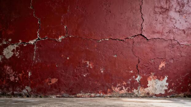 Deep maroon painted surface displays significant structural damage and material decay along a base photo