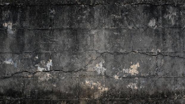 Weathered concrete block wall displays significant damage and dark discoloration photo
