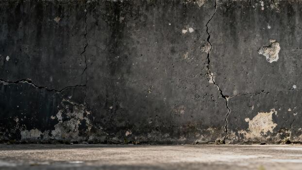 Aged concrete surface displays significant weathering and structural fissures near ground level photo