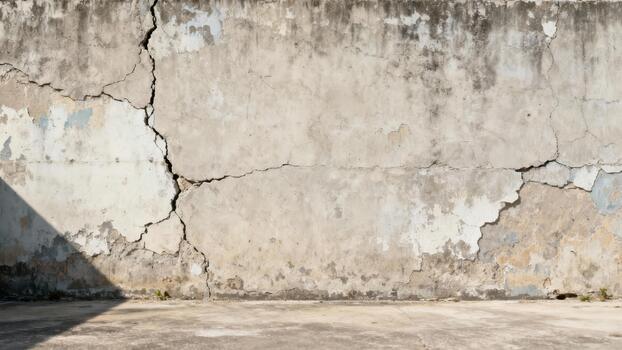 Large vertical fracture spans across a weathered and decaying concrete wall surface photo