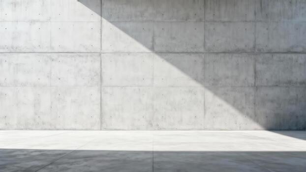 Stark concrete interior space displays a strong diagonal shadow cast by bright daylight photo