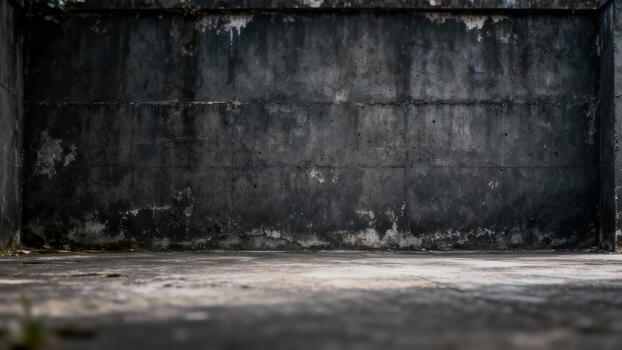 Dark, aged concrete wall and floor create a stark, empty background space photo
