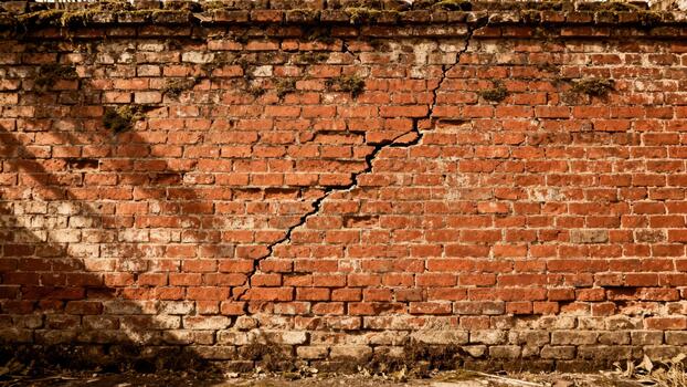 Old weathered brick wall displays significant vertical fissure and aging surface textures photo