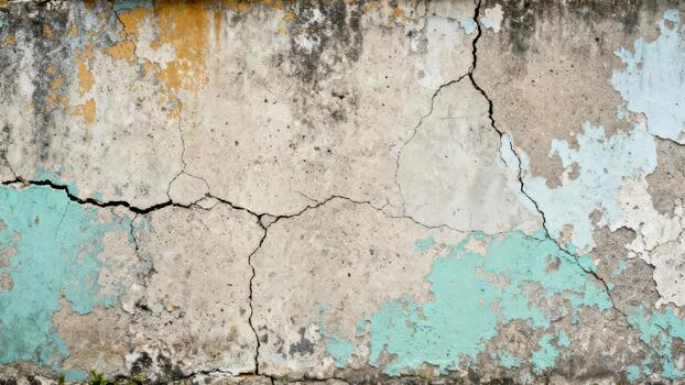 Weathered concrete surface displays significant cracks and peeling paint in muted tones. photo