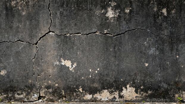 Dark weathered concrete surface displays prominent structural damage and discoloration photo