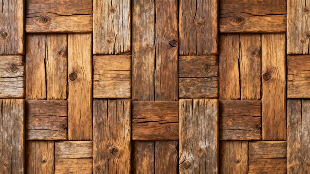 Rustic reclaimed wooden planks form a textured interlocking surface pattern photo