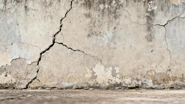Weathered concrete wall surface displays prominent vertical structural fissures and deterioration along the base photo