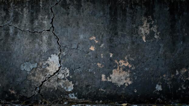 Dark textured wall displays significant vertical fissure and weathered surface deterioration photo
