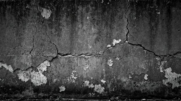 Rough, dark grayscale background displays a heavily cracked and weathered concrete surface texture. photo