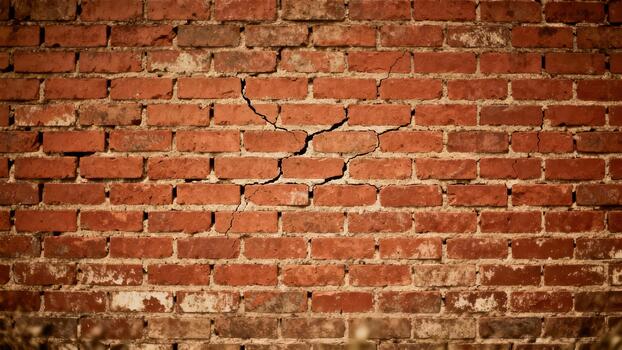 Weathered red brick wall displays prominent vertical and diagonal structural damage. photo