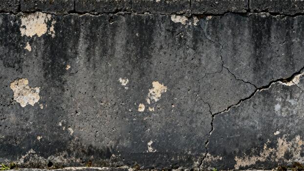 Weathered concrete surface displays significant dark staining and deep fissures across its expanse photo