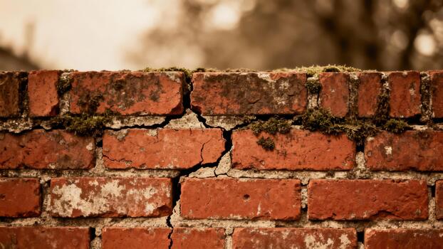 Weathered brick boundary structure displays signs of age and organic growth above ground level photo