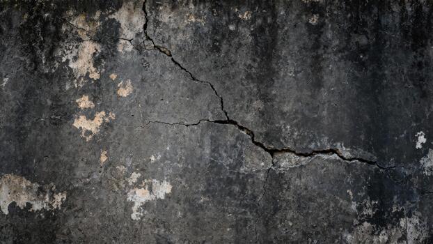 Weathered concrete surface displays significant structural damage and distressed texture. photo