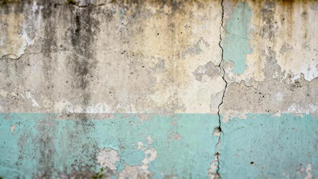 Weathered exterior wall surface displays faded pastel paint and significant vertical fracturing photo