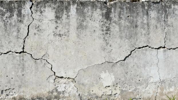 Weathered concrete surface displays prominent structural fissures and discoloration patterns photo