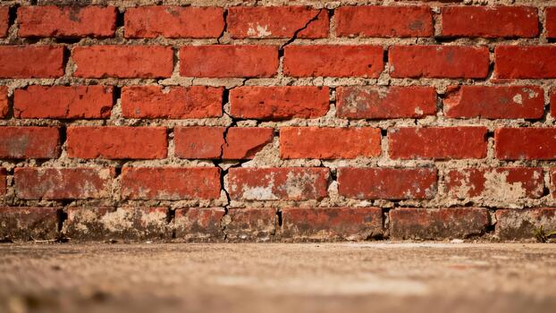 Weathered red brick wall presents visible cracks above a rough foreground surface photo