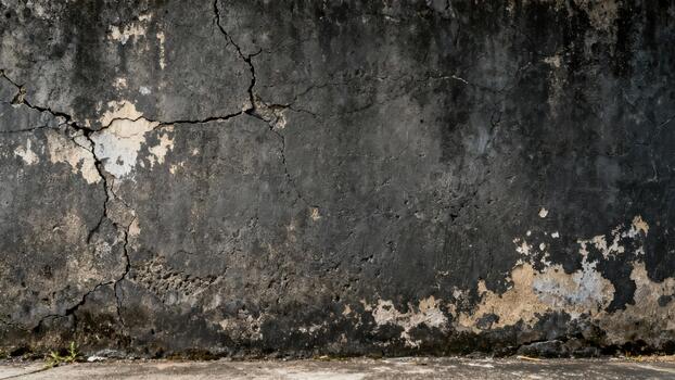 Weathered, distressed concrete surface displays deep cracks and peeling dark grime photo